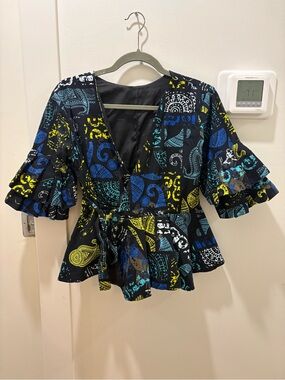 HANDMADE | Black Multi-Color Printed Wrap Peplum Top